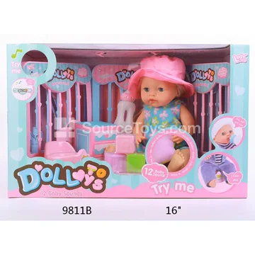 16" Vinyl Doll with Drinking & Wetting Function, 12 Sounds, Fence & Accessories