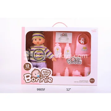 Vinyl Baby Doll Set 12" with 12 Sounds, Stuffed, Boy Doll, Plastic Scarf, Tissue Box, Pacifier, Bottles & More Accessories