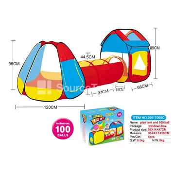 3-in-1 Play House Tunnel Crawl Tube Tent with 100 Ocean Balls