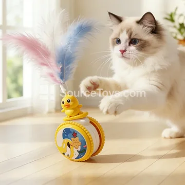 Cat Pull Back Wobble Ball Toy with Feather Wand