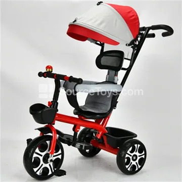 Children's Tricycle with Push Handle and Canopy (Red, Blue, Orange)