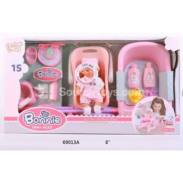 Vinyl Doll with Sound, Stroller, Bathtub Set & Tableware Set - 8 inch