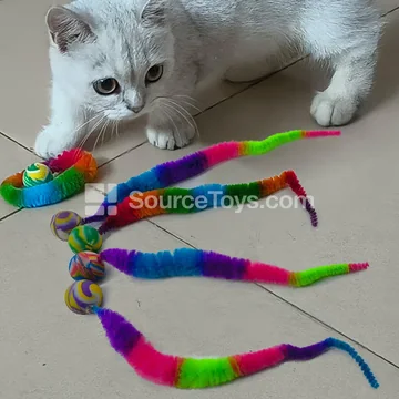 Rainbow Caterpillar Bouncy Ball Cat Toy with Teaser Wand