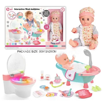 14-inch Vinyl Doll Bathroom Pretend Play Set with Sound & Light Toilet