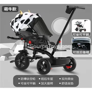 Three-Wheel Baby Stroller Black Frame with Cow Print Canopy and Sunshade