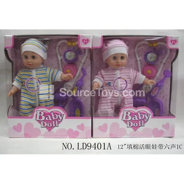 12" Vinyl Doll with Cotton Stuffing, Moving Eyes, Striped Hoodie & Medical Play Set (12 Sounds, Battery Included)