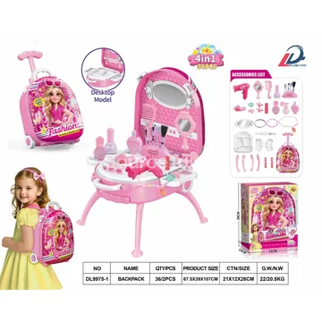 4-in-1 Luggage Trolley Alloy Backpack Set with Fashion Doll Dress-Up Accessories, Pretend-Play Cosmetic Organizer