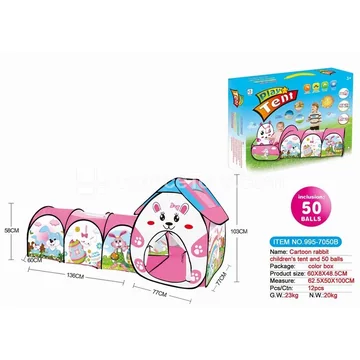 2-in-1 Cartoon Rabbit Tent Playhouse with Tunnel Crawl Tube and 50 pcs 6 cm Ocean Balls