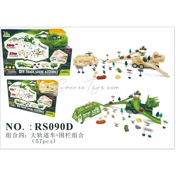 Large Track Car & Fence Set (57pcs) 2 Colors, 2 Dinosaur Head Options, Non-Mixed