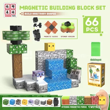 65PCS Magnetic Building Blocks Set with Fidget Spinner: Snowy Jungle Waterfall