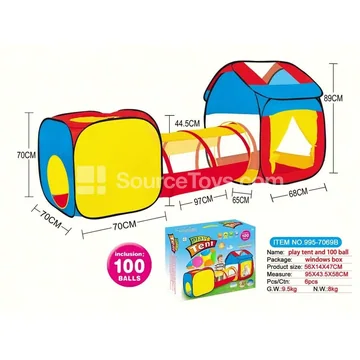 3-in-1 Play House with Tunnel and Crawl Tube Tent, Includes 100 Ocean Balls