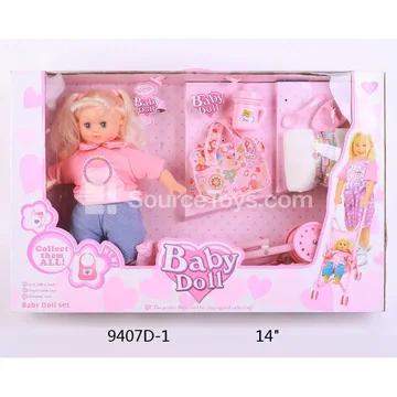 14" Vinyl Fashion Doll with Cotton Filled Body, Sleeping Eyes, Casual Outfit, Plastic Stroller, Backpack & Accessories (12 Sounds IC, Battery Included)