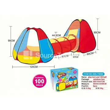 3-in-1 Play Tent with Tunnel and Crawl Tube, Includes 100 Ocean Balls
