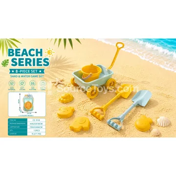 Beach Sand Toy Set with Trailer, Large Shovel, Soft Molds, Rake, 8pcs