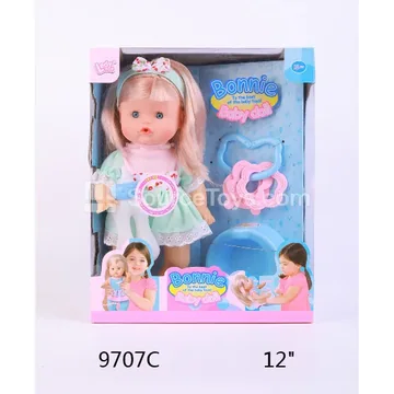 12" Vinyl Doll with Drinking & Wetting Function, Long Hair, Dress Set, 12 Sounds, Bottle, Potty & Rattle