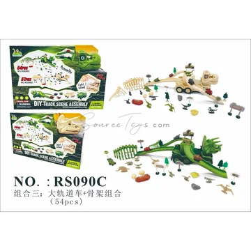 Track Car Set with Dinosaur Skeleton (54pcs, 2 Colors, 2 Dinosaur Heads Optional)
